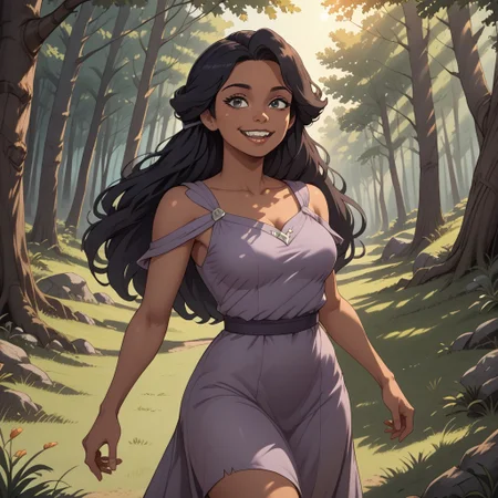 score_9, score_8, BREAK, black hair, long hair, black eyes, buck teeth, grey purple dress, barefoot, Lerk_Crood_(The_Croods), dark skin, dark skin female, adult female, mature female, breasts, sexy pose, self portrait, smile, outdoors, sunlight, shadows, evening lighting, natural lighting, forest, trees, grass, orange sky, sunset