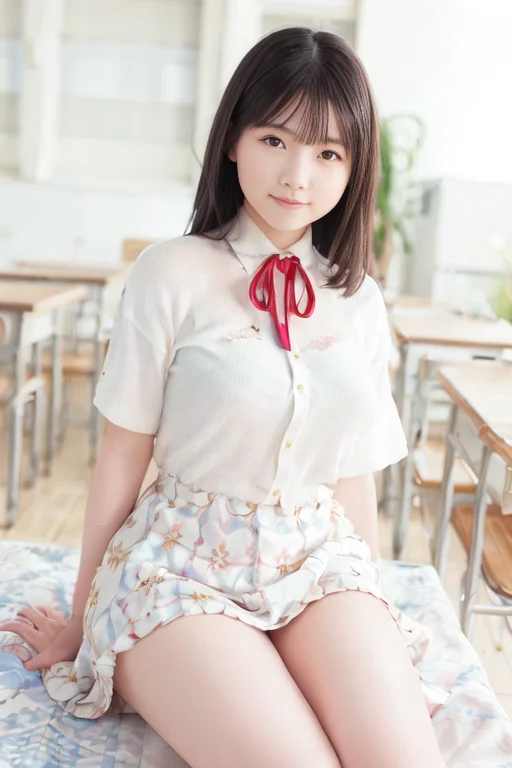 absurdres, (photorealistic:1.4), best quality, real human skin, 1girl, solo, looking at viewer, school uniform, blurry background, short sleeves, white shirt, ribbon, blue skirt, bangs, red ribbon, lips, brown eyes, depth of field, neck ribbon, brown hair, black eyes, school, (huge breasts), pose, (__kimono-color_), <lora:Rio-obentoai-v1:0.75>, (photorealistic:1.4), smile, detailed face, simple background