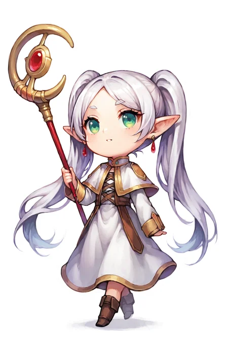 score_9, score_8_up, score_7_up, source_anime, highly detailed, 1girl,  nereirfpnxl, frieren, chibi:0.3,  pointy ears, green eyes, twintails, staff, very long hair, earrings, elf,  white capelet, long sleeves, dress, white dress, simple background, white background,  <lora:justduet_SDXLPONY_r70_768_dim32-a4-adamW-000009:0.7>, <lora:frieren_nereirfpnxl_pony_v2:0.5>