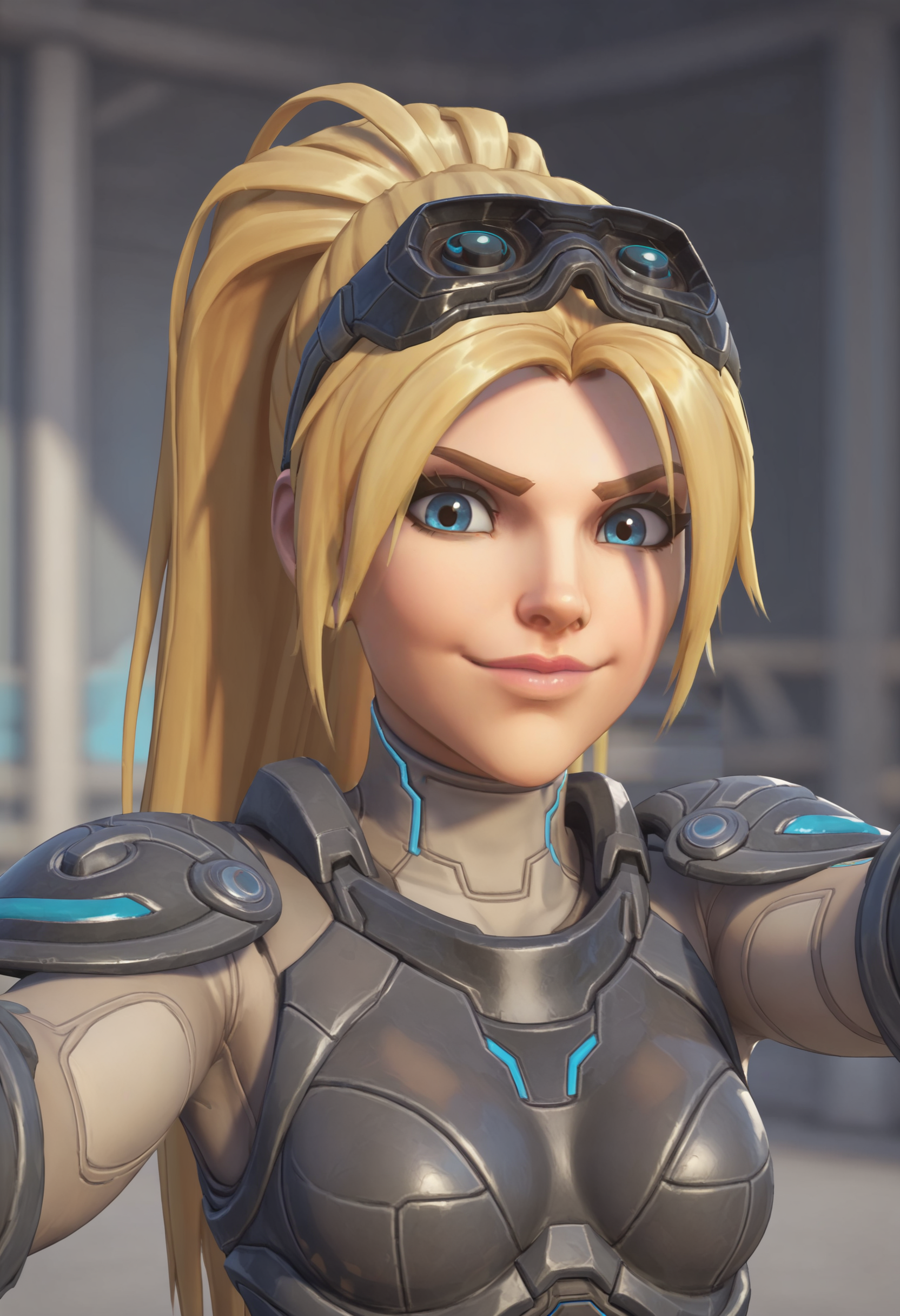 score_9, score_8_up, score_7_up, score_6_up, score_5_up, score_4_up, 1girl, <lora:WidowmakerNova:0.7> solo, medium breasts, ponytail, blonde hair, long hair, blue eyes, bodysuit, armor, goggles, goggles on head, gloves, front view, smile, upper body, selfie pose, 
light blue background, simple background,