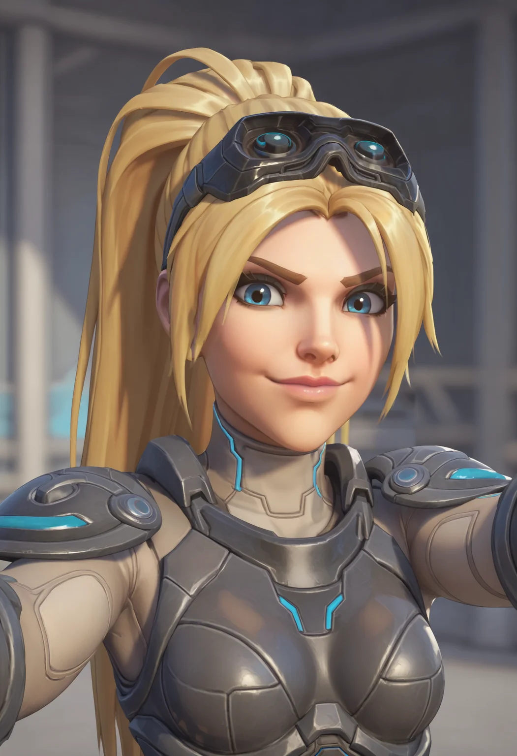 score_9, score_8_up, score_7_up, score_6_up, score_5_up, score_4_up, 1girl, <lora:WidowmakerNova:0.7> solo, medium breasts, ponytail, blonde hair, long hair, blue eyes, bodysuit, armor, goggles, goggles on head, gloves, front view, smile, upper body, selfie pose,
light blue background, simple background,