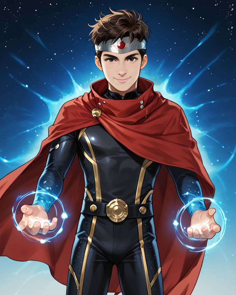 <lora:Wiccan:0.5>, source_anime,
1boy(billy_maximoff, red cloak, forehead protector, starry bodysuit, cowboy shot, slight smile, looking at the viewer), blue aura, glow light on his hands, galaxy pattern,
<lora:Expressive_H:1> expressiveh, male, solo,
Masterpiece, Best Quality, high quality cg, 1boy, male focus, solo, manly, dynamic pose, adult, grown up, ((male))
thunder background, dynamic pose,
 <lora:add_detail:1> <lora:Cute_Cartoon_ArtStyle:1>