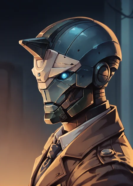 cayde, robot, colored skin, horn, blue eyes, glowing eyes, hands in pockets,(detective, comic cover, dutch angle), formal, upper body, looking away, pose, body, dark-brown trench coat, formal grey shirt, tie, long sleeves, from side, detailed background, street background, night, <lora:Cayde-6_PonyXL:0.8>, BREAK score_9, score_8_up, score_7_up, score_6_up, score_5_up,