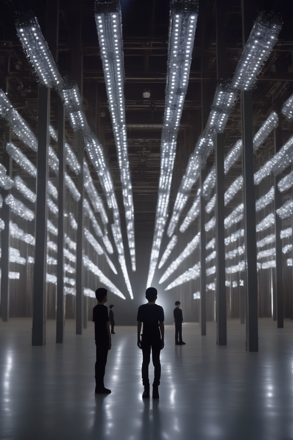 <lora:Ryoji Ikeda Style:1>Ryoji Ikeda Style - A meticulously organized warehouse serves as the backdrop for the choreographed dance of robots. Through the precision of the Zeiss lens, their metallic frames and articulated limbs are captured in sharp detail. The lighting design employs a combination of softboxes, accent lights, and strip lights, expertly positioned to create a dynamic atmosphere. The controlled illumination accentuates the robots' movement, casting dramatic shadows that add a sense of urgency and purpose to their every action.