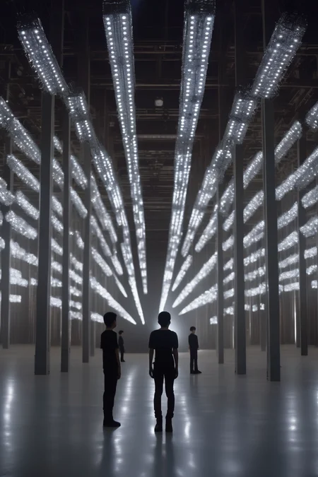 <lora:Ryoji Ikeda Style:1>Ryoji Ikeda Style - A meticulously organized warehouse serves as the backdrop for the choreographed dance of robots. Through the precision of the Zeiss lens, their metallic frames and articulated limbs are captured in sharp detail. The lighting design employs a combination of softboxes, accent lights, and strip lights, expertly positioned to create a dynamic atmosphere. The controlled illumination accentuates the robots' movement, casting dramatic shadows that add a sense of urgency and purpose to their every action.