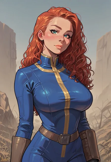 score_9, score_8_up, score_7_up, (masterpiece), (ultra quality), (detailed), (detailed skin texture),1girl,solo,detailed background, outdoors, sunny, upper body,thick thighs,large breasts,midriff, hip bones ,carefree, sexy, sultry,aroused,red hair, long hair, curly hair, unique angle, wearing a Vault Suit with Leather Armor and a PipBoy on her wrist, looking at viewer,