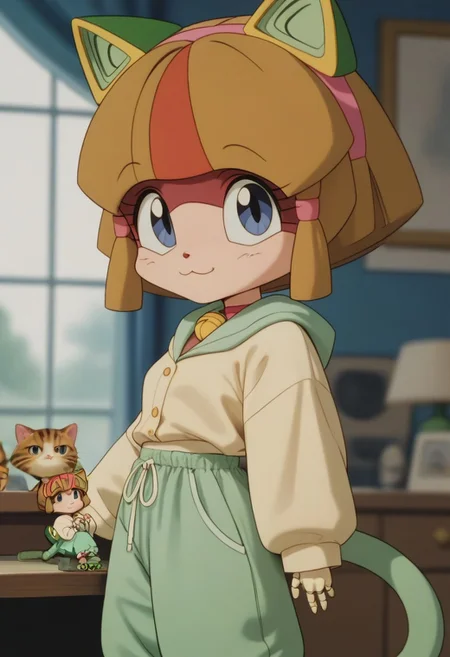 1girl, solo, (Otama, cat girl, ((android)), doll joints, petite), score_9, score_8_up, score_7_up, score_6_up, score_5_up, score_4_up, chibi, short legs, cat tall, looking at viewer, 3/4 side view, slightly smil, medium breasts, thin waist, smile, blue eyes, blurry background, out of focus, Expressiveh, looks at the viewer, jyojifuku, pajamas, baggy pajama pants,