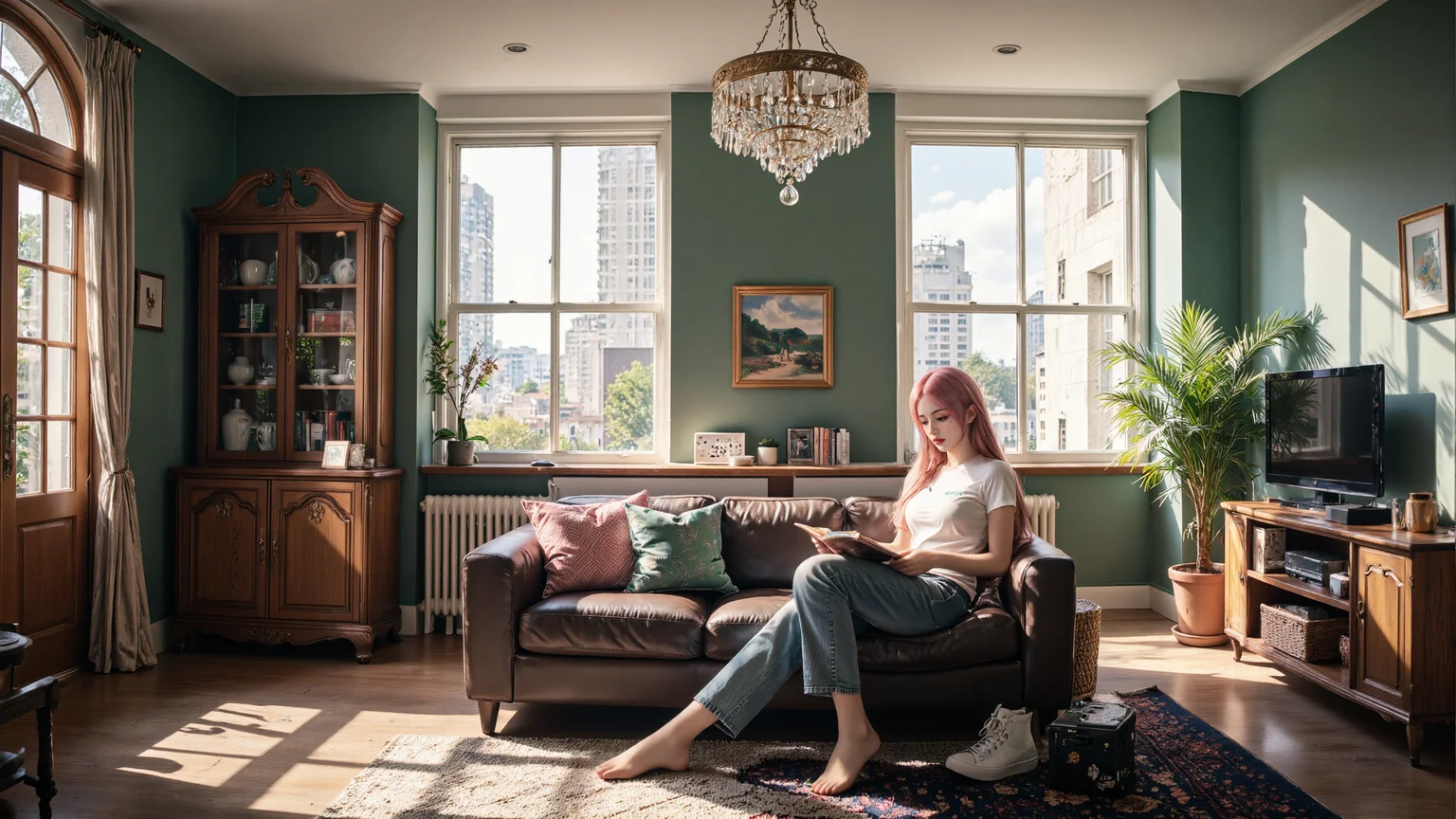 a young woman with long pink hair sits barefoot on a dark brown leather sofa,reading a book in a bright,elegant living room with tall windows,vintage wooden furniture,and soft sunlight streaming through. soft shadows on the floor,cozy and relaxed mood,realistic style.,<lora:yuukananri-base-02-flux:0.8>,yuukananri,she has a slender physique and a petite build,<lora:aidmaMJ6.1_v0.5_3:0.5>,aidmaMJ6.1,
