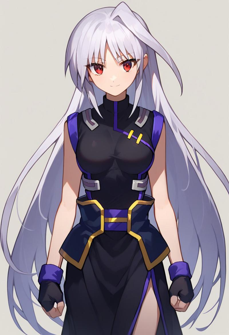 score_9, score_8_up, score_7_up, source_anime, good anatomy, 1girl, solo, Reinforce, long hair, white hair, single hair intake, red eye, long dress, black dress, sleeveless dress, side slit, purple dress trim, black corset, purple glove trim, black gloves, black metal shoes, black sock, fingerless gloves, standing, smiling