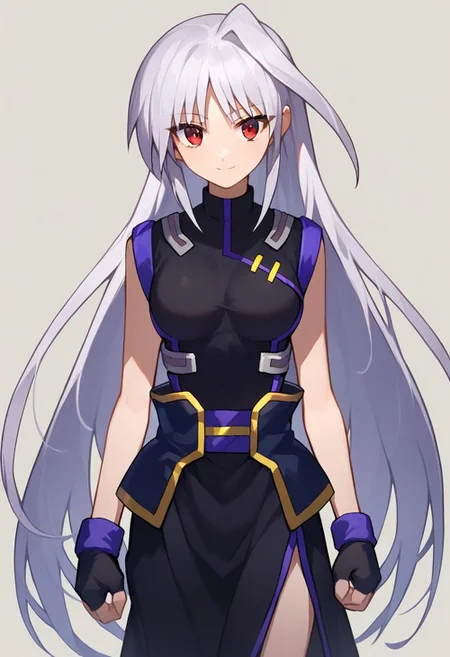 score_9, score_8_up, score_7_up, source_anime, good anatomy, 1girl, solo, Reinforce, long hair, white hair, single hair intake, red eye, long dress, black dress, sleeveless dress, side slit, purple dress trim, black corset, purple glove trim, black gloves, black metal shoes, black sock, fingerless gloves, standing, smiling