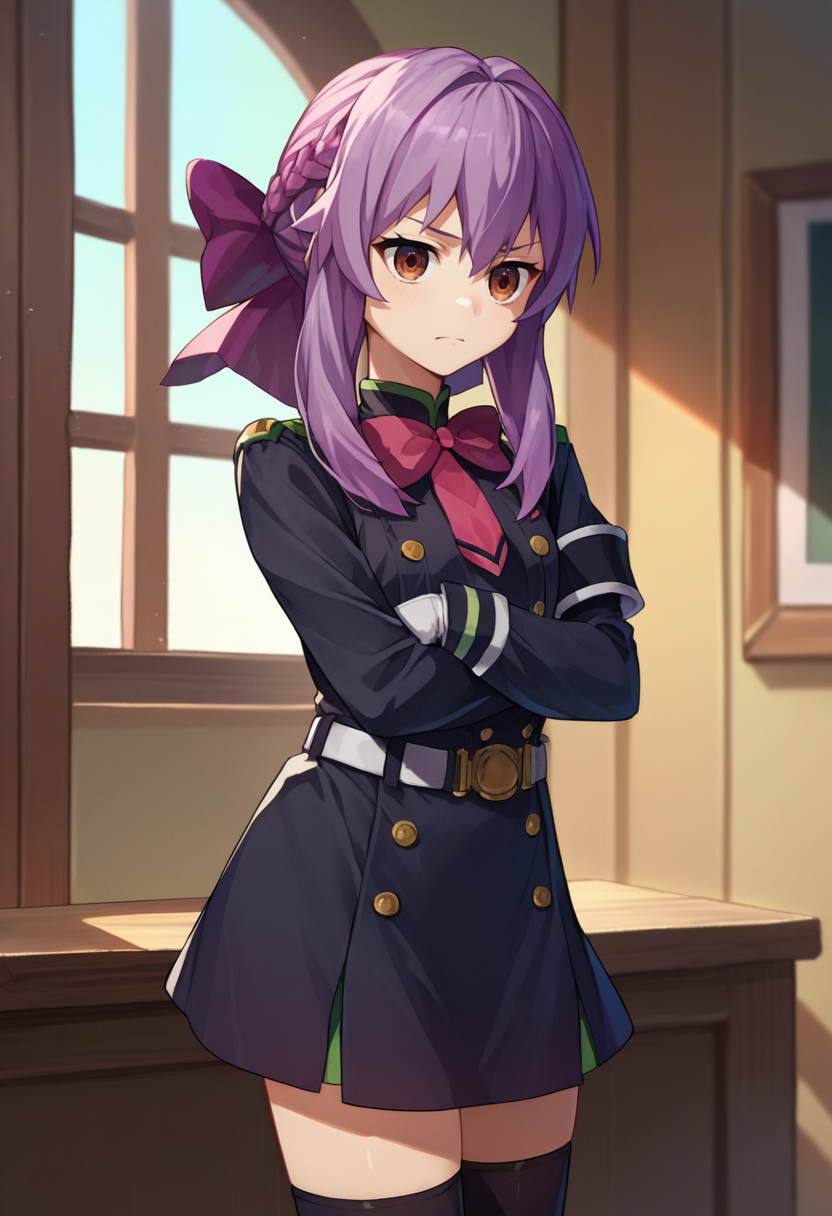 score_9, score_8_up, score_7_up, source_anime,  ShinoaDef, purple hair, brown eyes, braided hair, purple hair bow, pink bow, black uniform, white armband, black thighhighs, white gloves, white belt, crossed arms, indoors, 1girl, solo,     <lora:ShinoaXL1-000010:1>