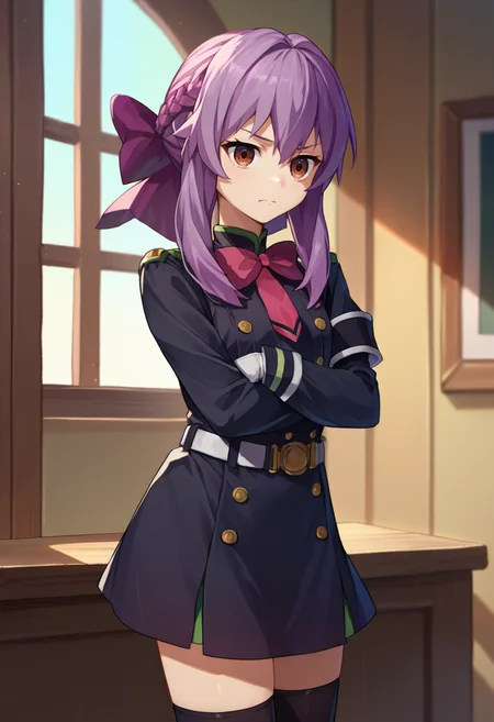 score_9, score_8_up, score_7_up, source_anime, ShinoaDef, purple hair, brown eyes, braided hair, purple hair bow, pink bow, black uniform, white armband, black thighhighs, white gloves, white belt, crossed arms, indoors, 1girl, solo, <lora:ShinoaXL1-000010:1>