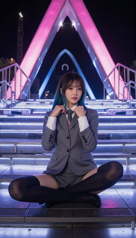 This is a high definition and detailed professional portrait photograph featuring a mahogany woman with dark complexion in a pose. She sits in half-lotus position with her right foot on her left thigh, hands resting on her shoulders, and head turned slightly to the left. She is wearing SGWN25clothing, a formal gray school uniform with black stockings. She wears minimal makeup with a focus on glowing skin. She has blue with highlights shaggy hair styled with bangs. Create an image of a grand staircase with blue and white LED lights illuminating each step. The pyramid should have sleek, reflective surfaces that catch the glow of the LEDs, adding to the overall brilliance. In the background, place a towering pink LED triangle arch, radiating a captivating and futuristic glow. The scene should feel modern, visually striking, and evoke a sense of grandeur and theatrical elegance.<lora:flux\fxyifu\SGWN25clothing_v1_000003000.safetensors:0.85:0.85> <lora:flux\fxchara\jz5_rank8_bf16.safetensors:0.73:0.73>