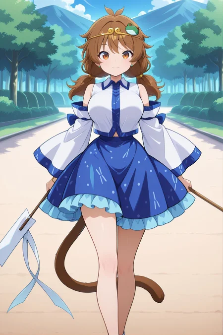 absurdres, highres, masterpiece, best quality, amazing quality, official anime artwork, screencap, anime screencap, outdoors, looking at viewer, light smile, dynamic pose, standing,
 <lora:Son-Biten_Illustrious:1> son biten, 1girl, solo, brown eyes, brown hair, long hair, low twintails, antenna, monkey tail, large breasts,, gold circlet, jewelry, 
<lora:Sanae-Kochiya_Illustrious:1> kochiya sanae (cosplay), frog hair ornament, collared shirt, white shirt, detached sleeves, wide sleeves, blue skirt, frilled skirt, holding gohei,