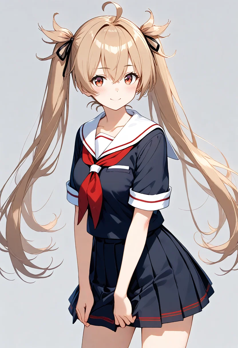 score_9, score_8_up, score_7_up, source_anime,BREAK
1girl,
<lora:Hyper-SDXL-8steps-lora:1>
<lora:age_slider_v4:1>
<lora:SDXL_murasame_p720:0.5> murasame,murasame \(kancolle\),
twintails, school uniform,
solo, black serafuku, twintails, long hair, bangs, brown hair ahoge, light brown hair, hair between eyes,
black serafuku, school uniform, skirt, red neckerchief, black skirt, pleated skirt, neckerchief, simple background, short sleeves,
closed mouth, blush, hair ribbon, sailor collar, grey background, looking at viewer, ribbon, breasts, red eyes, white sailor collar, brown eyes, black ribbon,
collarbone, cowboy shot, smile,