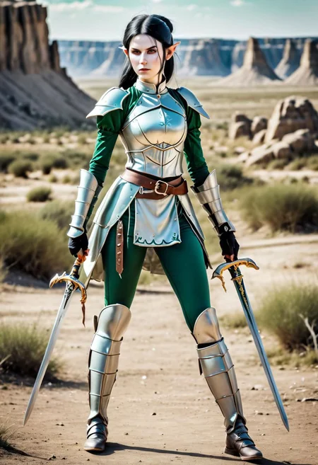 photo of cute (pale skinned:1.2) ranger elf woman, (long black hair, ponytail), (32B-26-37), 5'9, 140lbs, ArmoredDress, (dark green leggings), (holding longsword in hand, shortsword in other hand1.2), badlands, full body, HDR