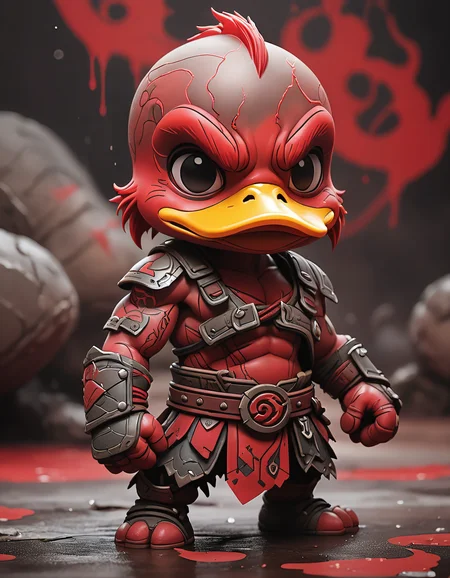 Cartoon style edgy flat matte drawing of a cute Nendoroid (brutal duckling:1.1) MIX (god of WAR),  thick drawing,medium close-up, red tattoo, realistic and detailed skin effect. The soft cinematic light and dramatic atmosphere create an atmospheric perspective that focuses on the character's expression. The color ink wash painting technique adds a touch of artistry to the overall design,