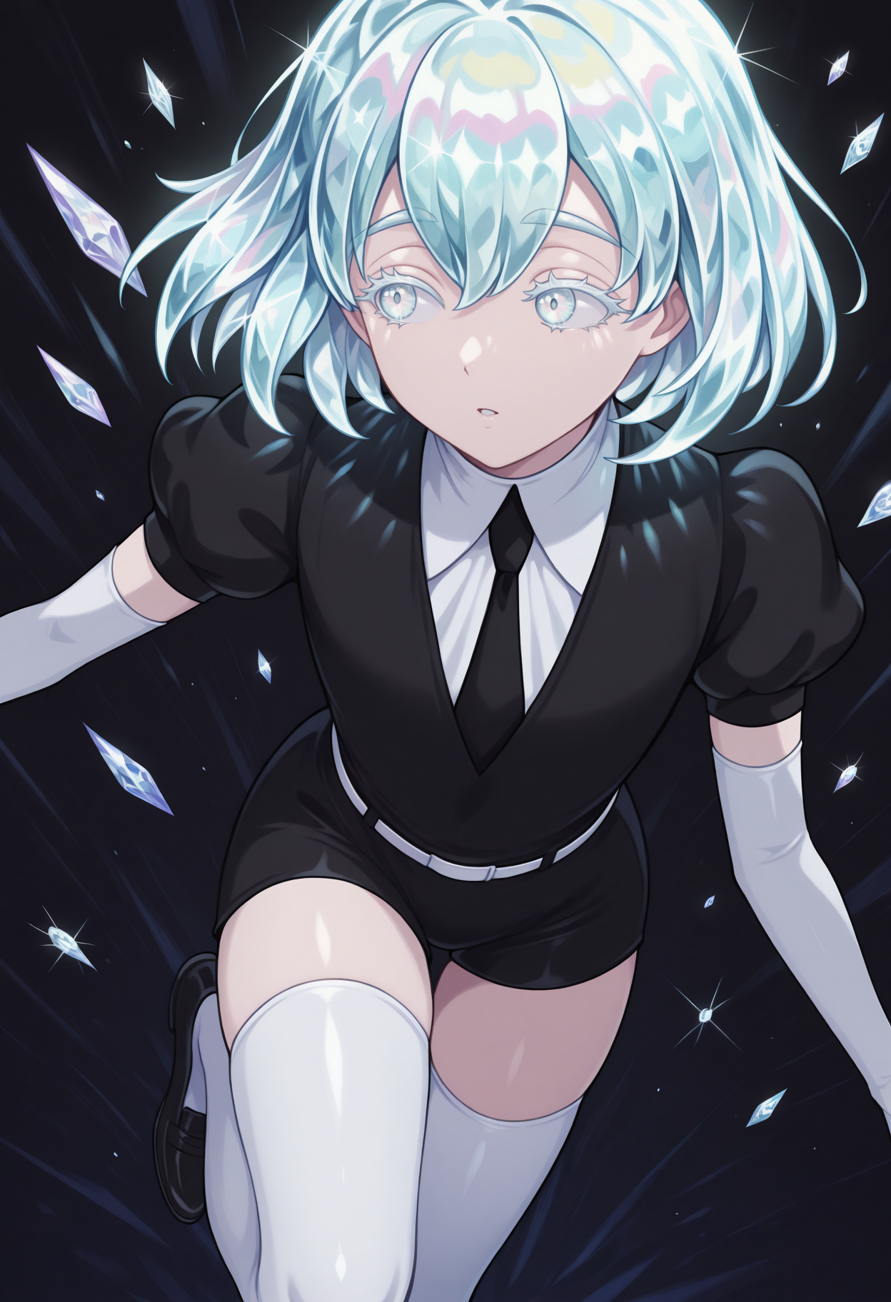 masterpiece, best quality, 1other, d1am0nd, white skin, crystal hair, colored eyelashes, multicolored eyes, multicolored hair, short hair, hair between eyes, black shirt, puffy short sleeves, white collared shirt, black necktie, elbow gloves, white gloves, black shorts, white belt, white thighhighs, black footwear, looking to the side, parted lips, eyelashes, dark theme, abstract background, crystal, diamond \(shape\), gem, diamond \(gemstone\), game cg, gacha splash, <lora:Hoseki_LandOfTheLustrous_Diamond_IllustriousXL_v1:1>