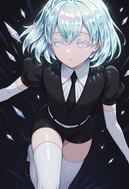 masterpiece, best quality, 1other, d1am0nd, white skin, crystal hair, colored eyelashes, multicolored eyes, multicolored hair, short hair, hair between eyes, black shirt, puffy short sleeves, white collared shirt, black necktie, elbow gloves, white gloves, black shorts, white belt, white thighhighs, black footwear, looking to the side, parted lips, eyelashes, dark theme, abstract background, crystal, diamond \(shape\), gem, diamond \(gemstone\), game cg, gacha splash, <lora:Hoseki_LandOfTheLustrous_Diamond_IllustriousXL_v1:1>