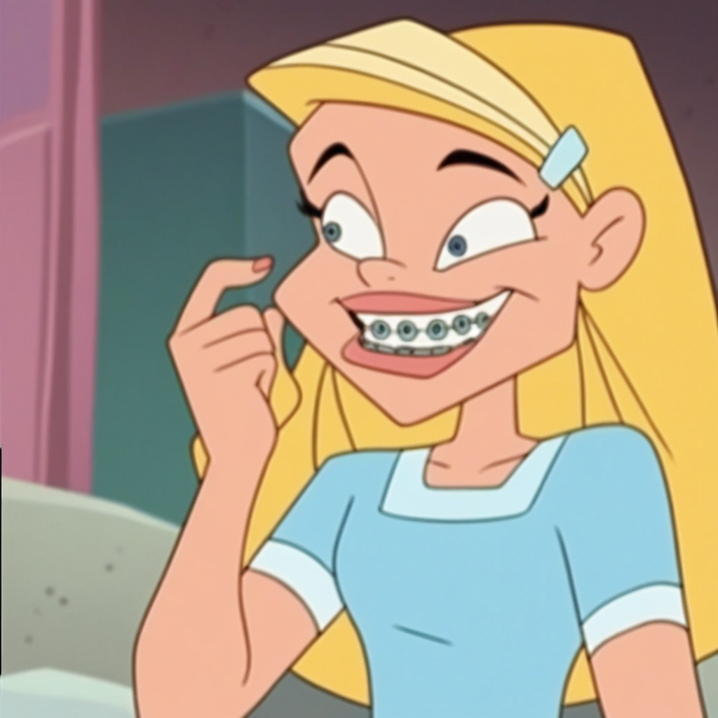 score_8, score_9, sharon, long hair, blonde hair, hairclip, smile,, braces