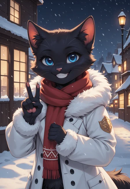score_9, score_8_up, score_7_up, source_furry, high quality, perfection, detailed, aesthetic, well-lighted,
outdoors, city, night, winter, white background, snow, snowfall,
1girl, solo,
furry female, anthro, furred body, fluffy fur, beautiful girl, cute girl, young, youthful, beautiful face, beautiful eyes, perfect eyes, detailed eyes,
(cat girl), (black fur:1.2), one-tone fur, blue eyes, (no hair, hairless, bald), big eyes,
winter clothes, oversized fur coat, white coat, huge scarf, red scarf,
grin, v sign,
<lora:princess_xl_v2:0.6>, <lora:p_ami_v10_adafactor:0.4>, <lora:incase-ilff-v3-4:0.5>, <lora:CleanDetailed_Eyes:0.25>,âââ