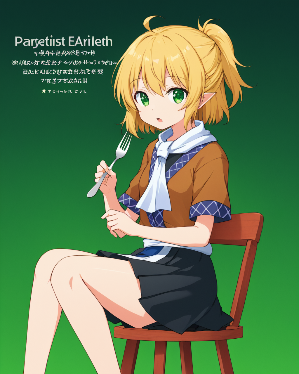 mizuhashi parsee,1girl, solo, spaghetti, open_mouth, short_ponytail, black_skirt, green_background, looking_at_viewer, feet_out_of_frame, short_sleeves, half_updo, white_scarf, brown_shirt, sitting, eating, english_text, holding_fork, stool, brown_jacket
<lora:mizuhashi_parsee_image5693_2023-12-17-000005:1>,star-shaped_pupils,symbol-shaped_pupils,. gorgeous,key visual, vibrant, studio anime,award-winning, professional, highly detailed,high budget, cinemascope