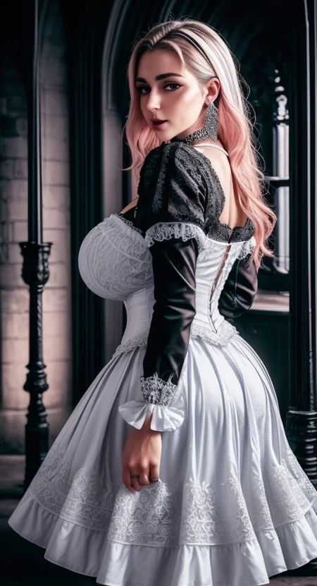(from behind), a young (Hungarian:1.3) woman with a pretty face, ideal facial features, detailed eyes, detailed lips, (blush:1.4), textured skin, small waist, medium hips, (anatomically correct proportions:1.3), (photorealistic:1.3), (8k, high quality, shot on Fujifilm X-T4, 1/200, f16, ISO 1250), <lora:epiCRealismHelper:0.99>, <lora:Detail Slider V2 By Stable :0.4>, <lora:picxer_real:0.7>, <lora:breastsizeslideroffset:0.4>, huge breasts, earrings, choker, jewelry, (wearing an intricate white gothic dress:1.2), wearing an intricate gothic skirt, corset, looking at viewer, <lora:GothicInteriors-10:0.9> GothInt, gothic bedroom, gothic fireplace