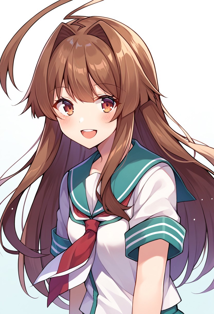 score_9, score_8, score_7, source_anime, kuma (kancolle), 1girl, solo, looking at viewer, blush, open mouth, smile, school uniform, sailor collar, serafuku