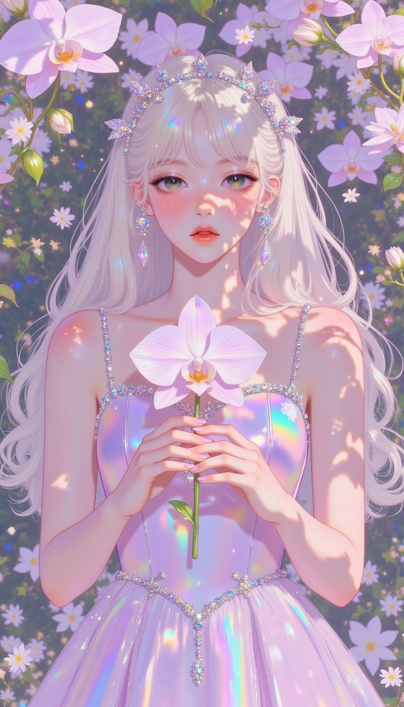 pinkprismaticglow, 
A woman with silken hair, holding a single orchid in her hands, her dress mirroring its delicate petals. The air around her glows softly, filled with floating blossoms.