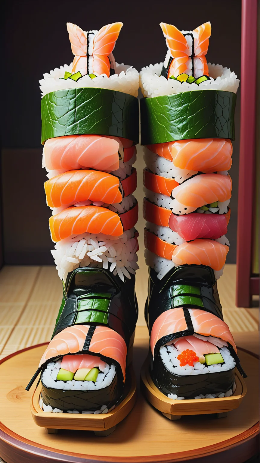 <lora:SushiStyleXL:1>SushiStyle well-worn pair of leather boots, made out of sushi, sashimi, rice, (japanese:0.5), crafted with sushi, (Masterpiece:1.3) (best quality:1.2) (high quality:1.1)