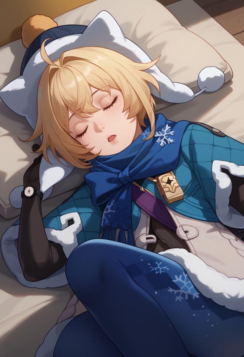 score_9, score_8_up, score_7_up, source_anime, 1girl, lynxlandaudef, closed eyes, blonde hair, short hair, ahoge, hat, blue scarf, fur trim, fur-trimmed capelet, blue capelet, white jacket, winter clothes, blue pantyhose, snowflake print, black elbow gloves, watch, fur-trimmed boots, lying, on back, on side, looking to the side, sleeping bag, tent, sleeping, open mouth, close-up, upper body, <lora:LynxLandau_v1-000010:1>