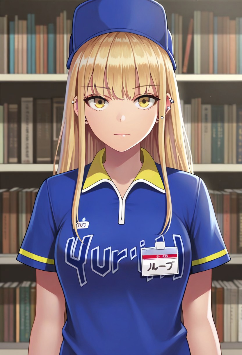 masterpiece,best quality,amazing quality, ruriko, long hair, blonde hair, yellow eyes, 1girl, solo, employee uniform, bookshelf, hat, shirt, polo shirt, piercing, upper body, short sleeves, looking at viewer, name tag, clothes writing, closed mouth