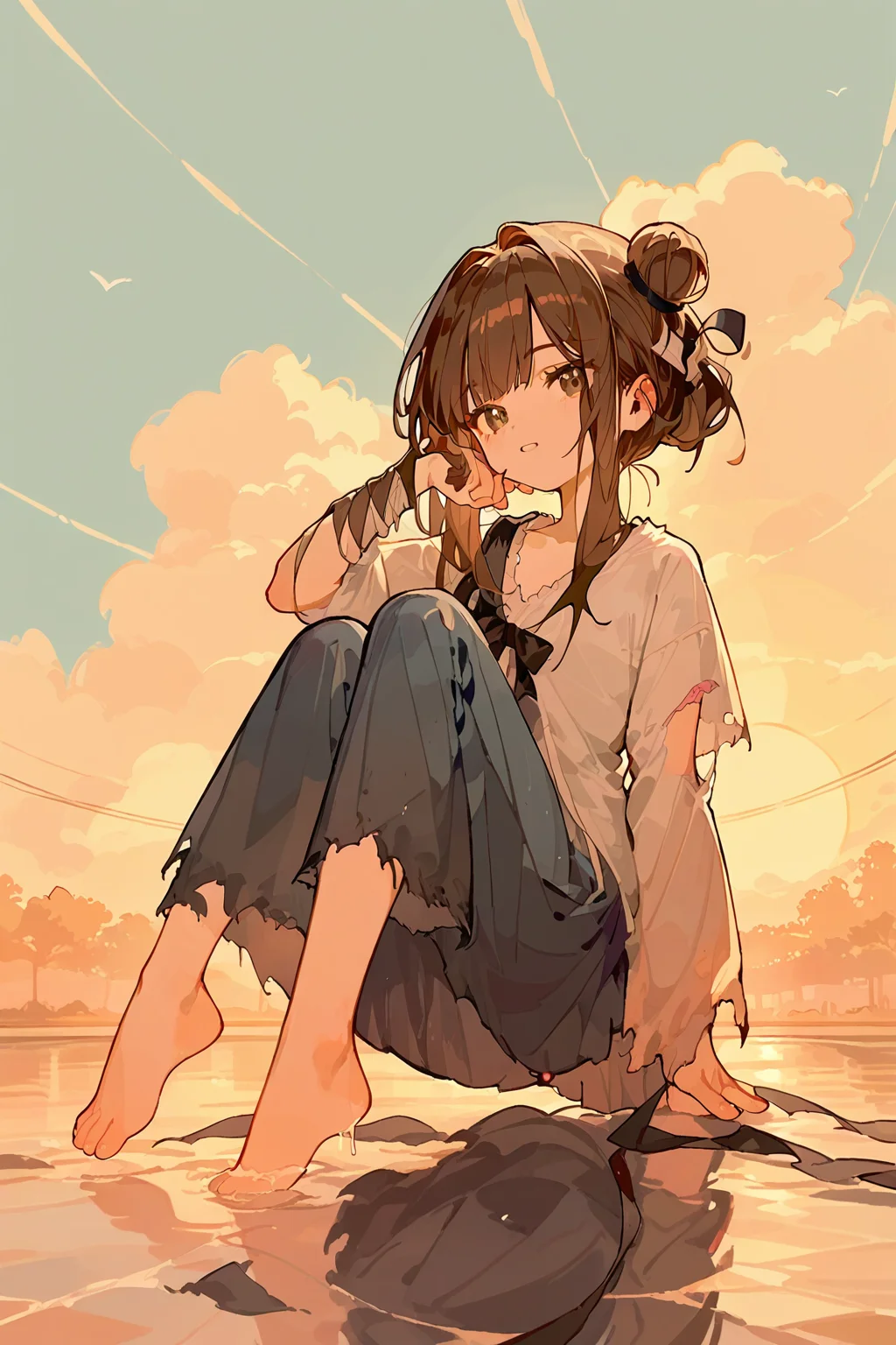 (score_9,score_8_up,score_7_up),<lora:mansui-v1:1>,mansui,1girl,solo,brown hair,torn clothes,shirt,hair bun,bangs,sunset,long hair,ribbon,
good feet,anime,NSFW,expressive,amazing quality,ultra hd 32k,