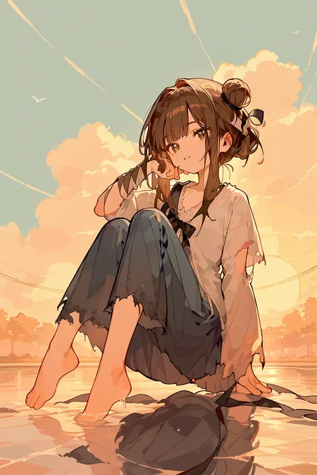 (score_9,score_8_up,score_7_up),<lora:mansui-v1:1>,mansui,1girl,solo,brown hair,torn clothes,shirt,hair bun,bangs,sunset,long hair,ribbon,
good feet,anime,NSFW,expressive,amazing quality,ultra hd 32k,