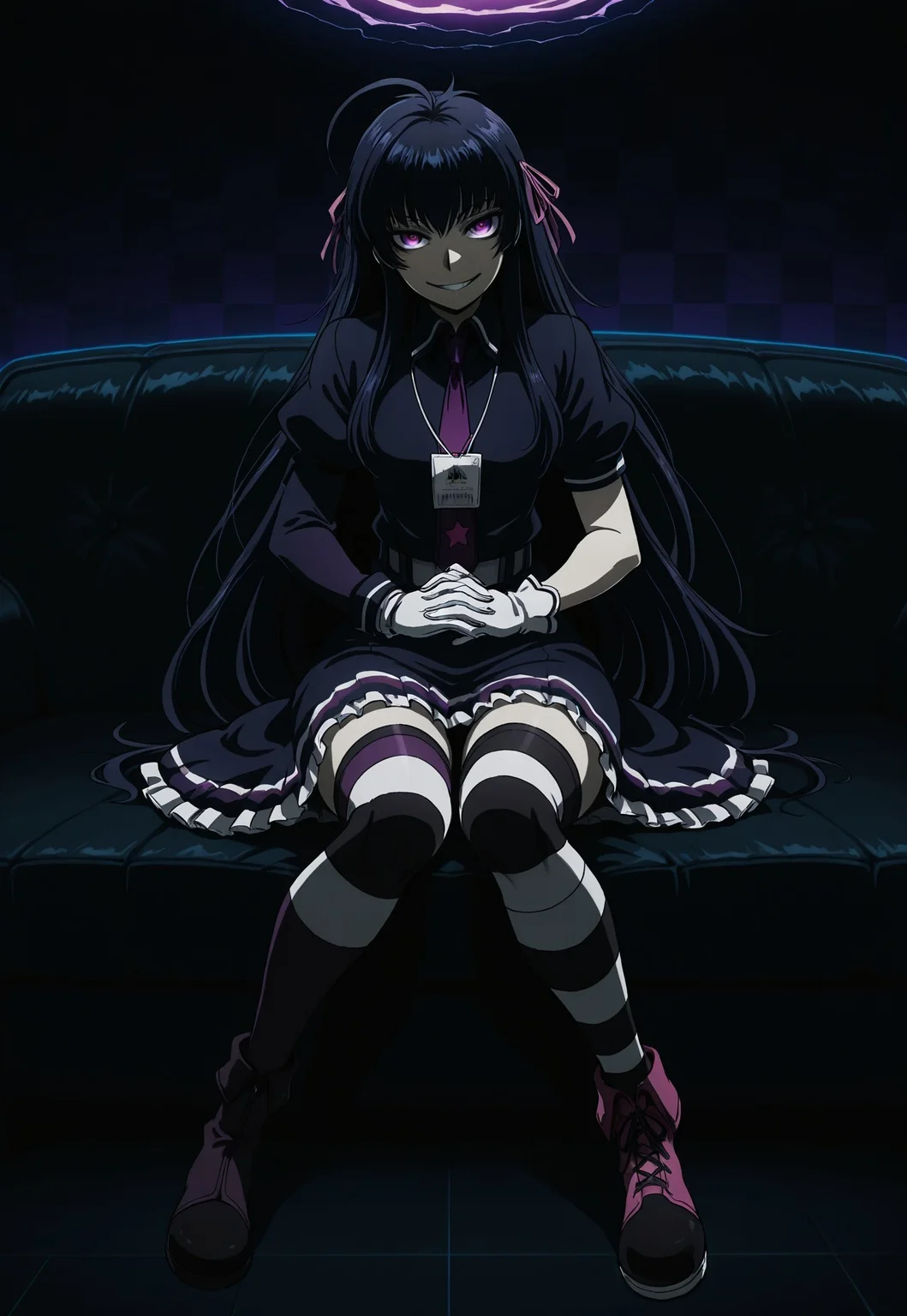masterpiece, best quality, amazing quality, DriftersEASY, 1girl, solo, female focus, black hair, very long hair, ahoge, pink hair ribbons, purple eyes, pale skin, black frilled dress, asymmetrical sleeves, uneven sleeves, purple necktie, star \(symbol\), lanyard, white gloves, mismatched gloves, white sash, striped thighhighs, mismatched footwear, sitting, couch, grin, checkered background, dark, interlocked fingers