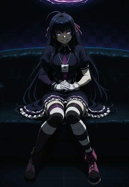 masterpiece, best quality, amazing quality, DriftersEASY, 1girl, solo, female focus, black hair, very long hair, ahoge, pink hair ribbons, purple eyes, pale skin, black frilled dress, asymmetrical sleeves, uneven sleeves, purple necktie, star \(symbol\), lanyard, white gloves, mismatched gloves, white sash, striped thighhighs, mismatched footwear, sitting, couch, grin, checkered background, dark, interlocked fingers