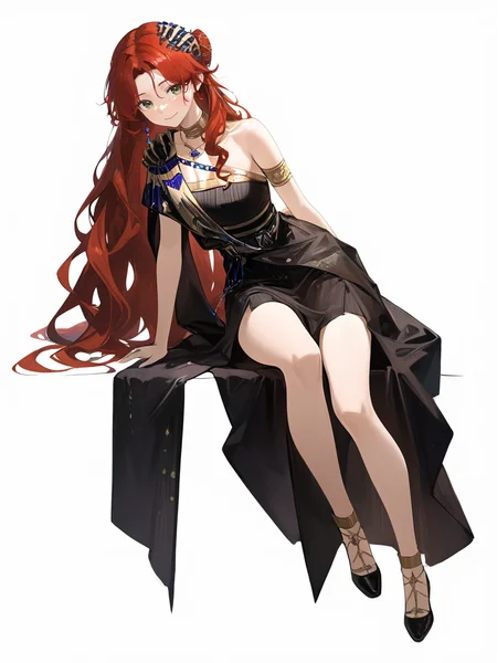 1girl,closed mouth,looking at viewer,sophia\\(reverse:1999\\),smile,hair bun,sophia\(manus vindictae\)\(reverse:1999\),,simple background,white background,black dress,long hair,full body,sitting,<lora:sophia-000012:0.8>, masterpiece, best quality, very aesthetic, absurdres