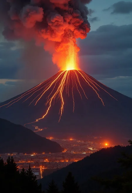 lava fountains from the peak of a volcano at night, town at the background, photorealistic, not blurry, no pixels, high resolution, high quality