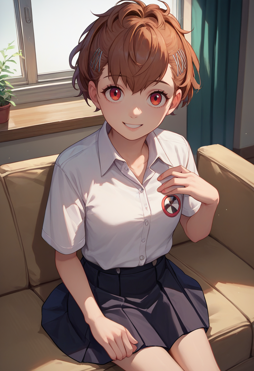 score_9, score_8_up, score_7_up, source_anime, solo, 1girl, shiomi kotone, smile, looking at viewer, sitting, couch, hairclip, school uniform, white shirt, collared shirt, short sleeves, black skirt, indoors, living room <lora:persona3_shiomi_ponyXL:1>