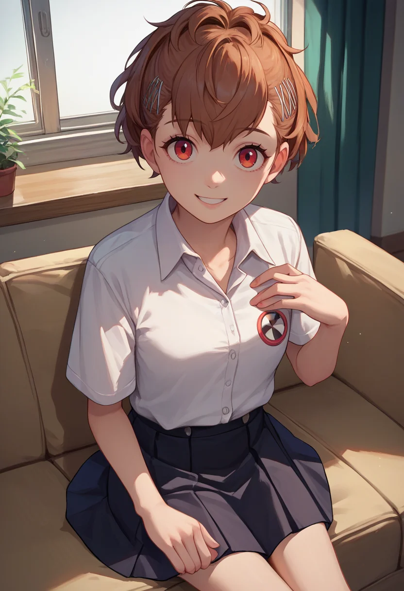 score_9, score_8_up, score_7_up, source_anime, solo, 1girl, shiomi kotone, smile, looking at viewer, sitting, couch, hairclip, school uniform, white shirt, collared shirt, short sleeves, black skirt, indoors, living room <lora:persona3_shiomi_ponyXL:1>