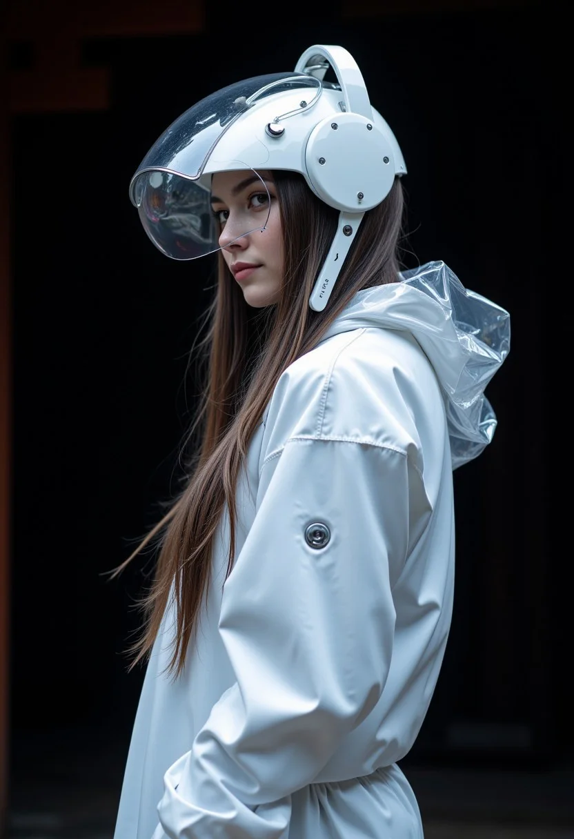 cyborg, exosuit, mech, futuristic, Off-center composition, right-aligned dynamic composition, A person is wearing a white exosuit. The costume has a clear plastic covering the head and shoulders. There is a silver bar on top of the head, solo, very long hair, looking at viewer, wearing a helmet, transparent raincoat, multiple wires, cables, smile, wet, black background, In a Shinto Shrine: The once-sacred grounds are now overrun with neon holograms and augmented reality advertisements. The torii gates flicker with electric blue light, and robotic lanterns line the path, humming with energy. Synthetic cherry blossom petals fall slowly from cybernetic trees, mixing tradition with the high-tech present., cinematic film still glamorous photo figurativism art by Nigel van Wieck, painting, detailed art by Grayson Perry, ceramics, vibrant, provocative, humorous, narrative, cultural critique, Figurative, narrative, cinematic, dreamlike . high fashion, luxurious, extravagant, stylish, sensual, opulent, elegance, stunning beauty, professional, high contrast, detailed . shallow depth of field, vignette, highly detailed, high budget, bokeh, cinemascope, moody, epic, gorgeous, film grain, grainy