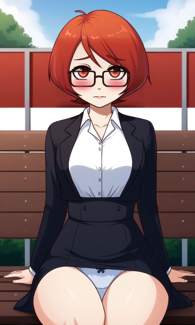 1girl, derpixonstyle, glasses, formal, white_shirt, collared_shirt, high-waist_skirt, sitting, outdoors, bench, looking_at_viewer, pantyshot, panties, blush, red_hair, short_hair, sky