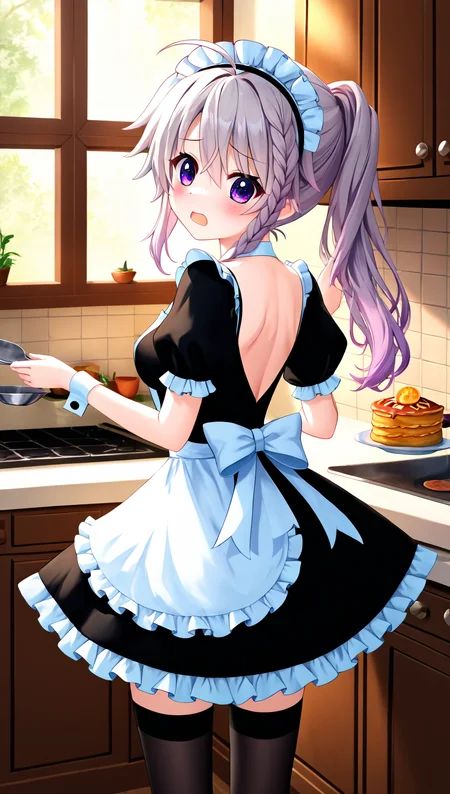 zPDXL2, rating_safe, source_anime, 4k quality, detailed background, detailed eyes, kitchen, maid headdress, maid outfit, black thighhighs, from behind, looking back, embarrassed, open mouth, apron, <lora:niimi-sora-xl-07:1>, niimi sora, ahoge, medium breasts,