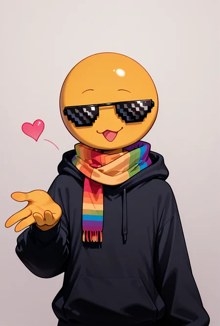 <lora:xmattar-10:1> xmattar, open mouth, rainbow scarf, , solo, smile, pixel sunglasses, 1boy,black hoodie, yellow skin, circular head,,<lora:FrierenBlowingKissMeme_illusXLNoobAI_Incrs_v1:1> blowing kiss, heart, puckered lips, o3o, masterpiece, best quality, amazing quality, very aesthetic, absurdres, newest,