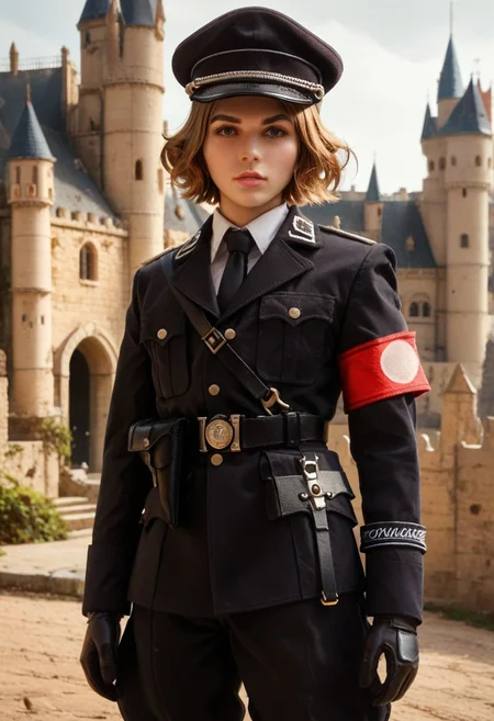 score_9, score_8_up, score_7_up, rating_safe, xssuniformx, military uniform, black jacket, long sleeves, necktie, shoulder strap, belt, black pants, gloves, peaked cap, armband, knee boots, solo, femboy, short hair, looking at viewer, castle