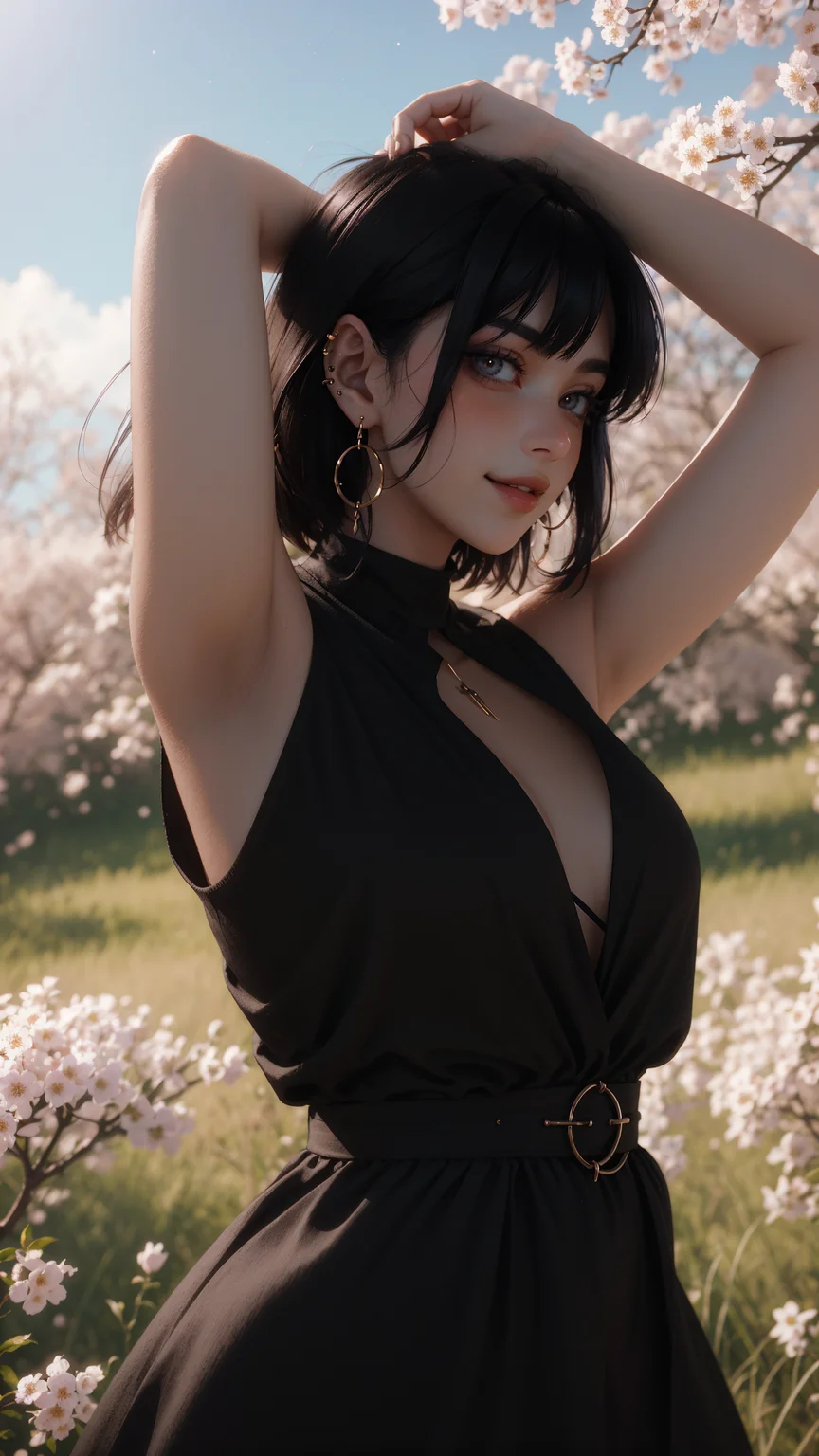 <lora:G_G2.0:0.7> Goth girl, Goth girl 1girl, Beautiful girl in black dress, earrings, piercing, straight hair, short hair, blunt bangs, thick eyelashes, long eyelashes,  open cardigan, bare shoulders,   cherry blossoms, peaceful expression, brick wall,   standing,  grass, light smile,  soft pastel colors, detailed illustration, springtime, high detail, digital art
(photorealistic:1.5), (film grain:1.5), (circle:1.0), ,<lora:backlight_slider_v10:-1.2>,