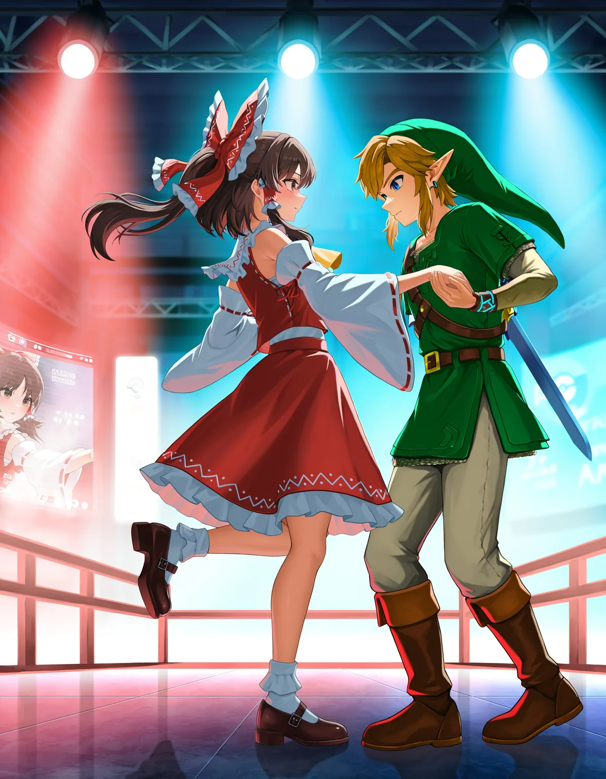 masterpiece, best quality, very aesthetic, newest, highres, absurdres,
1girl, 1boy, 1other, hakurei reimu, link, lucario,
amazing quality, very awa, ultra-detailed, scenery, detailed background, cinematic lighting, pokemon \(creature\), dynamic pose, link focus, hakurei reimu focus, wristband, pointy ears, mary janes, detached sleeves, dress, hat, shoes, skirt set, red dress, white legwear, dancing, short sleeves, hair tubes, outstretched arms, blue eyes, bow, ponytail, shorts under skirt, from side, standing on one leg, bobby socks, brown footwear, brown hair, master sword, standing, crossover, holding hands, socks, skirt, blonde hair,
A scene from a video game. it shows two characters, a girl and a boy, engaged in a battle. the background is filled with colorful lights and explosions, creating a chaotic and dynamic atmosphere. the overall mood of the image is intense and action-packed.