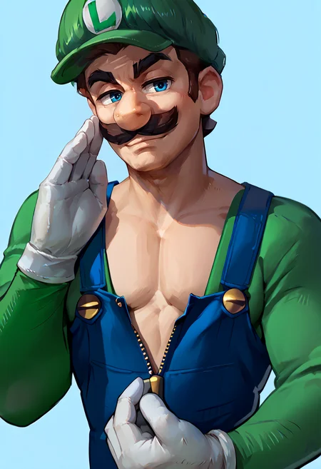 score_9, score_8_up, score_7_up, whispering, hand up, <lora:WhisperingPOV_pdxl_Incrs_v1:1>, 1boy,  <lora:Luigi_XLPD:1> Incrsluigi, luigi, green headwear, blue overalls, white gloves, long sleeves <lora:Degen_Unzip_Beta:0.8> front_zipper_pulldown, cleavage, partially unzipped, smirk, looking at viewer, upper body,