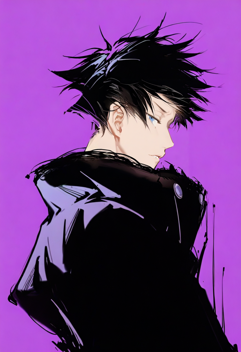 1boy, solo, male focus, black hair, simple background, purple background, looking at viewer, upper body, parted lips, short hair, jacket, blue eyes, spiked hair, fushiguro megumi, looking back, black jacket, bangs <lora:solaXL_NBVP1_lokr_V6311PZ:0.95>