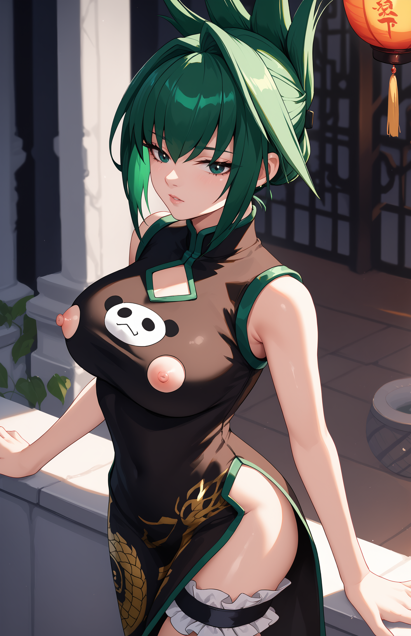 score_9, score_7_up, 1girl, nipple cutout, Jun, green hair, green eyes, updo, spiky hair, black china dress, thigh strap, large breasts,   <lora:Nipple cutout PXL 2-000009:1> <lora:Tao Jun:1>